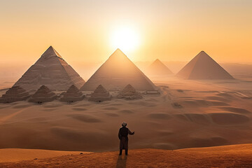 two pyramids in the desert with a man standing on one side, looking at the sun setting behind them. Generative Ai