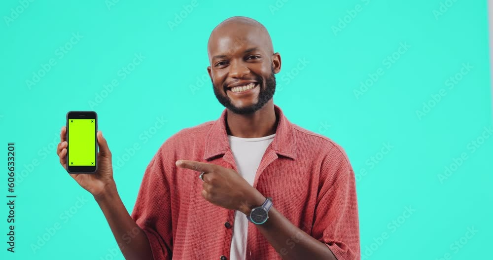 Poster green screen, phone and man face with advertising mockup, tracking markers and pointing isolated on 