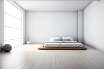 minimalist bedroom with a large window and a bed Generative AI