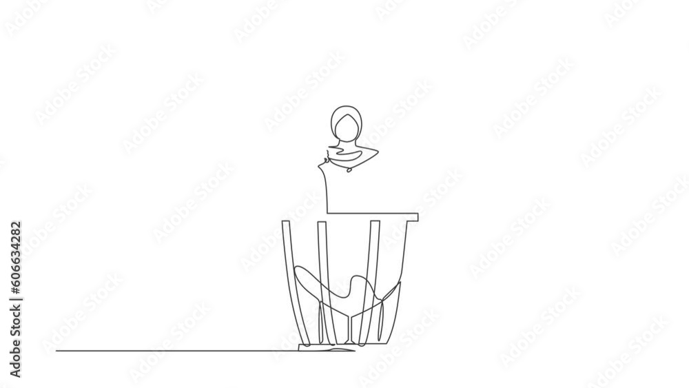 Poster animated self drawing of continuous line draw arab percussion player play on timpani. performer hold