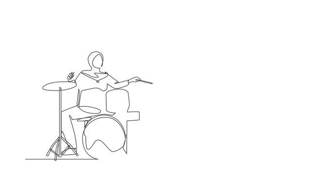 Self drawing animation of single line draw Arabian musician, jazz, rock and roll playing drum, percussion. Music festival, pop concert, wedding party performance. Continuous line. Full length animated