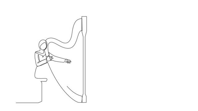 Self drawing animation of single one line draw Arab woman playing harp. Classical music performer character with musical instrument. Female sitting, playing harp. Continuous line. Full length animated