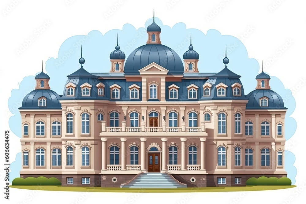 Poster large building with blue rooftop and numerous windows generative ai