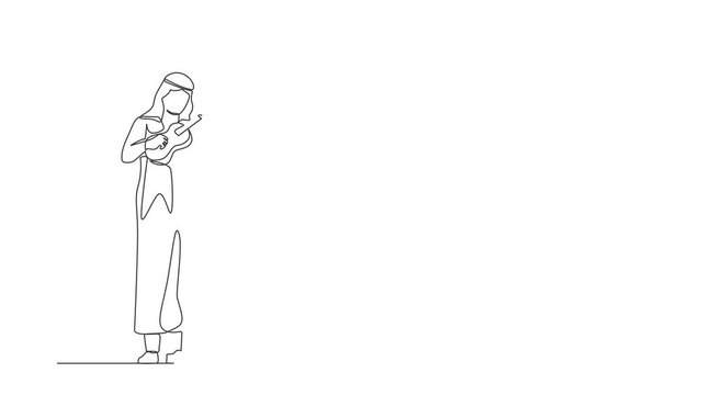 Self drawing animation of single line draw Arab guy playing on ukulele, singing. Musician holding small guitar and singing. Man play on musical instrument. Continuous line draw. Full length animated