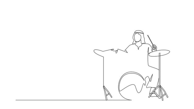 Self drawing animation of single one line draw Arab male musician, jazz, rock and roll playing drum, percussion. Music festival, pop concert, wedding party. Continuous line draw. Full length animated
