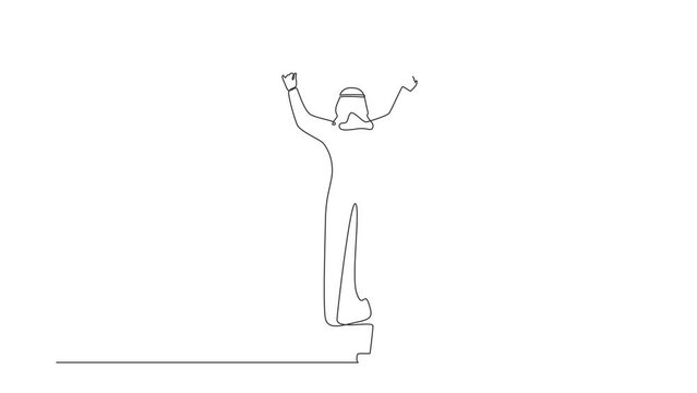 Animated self drawing of continuous line draw back view of Arab man conductor performing, male musician in tuxedo directing classic instrumental symphony orchestra. Full length single line animation