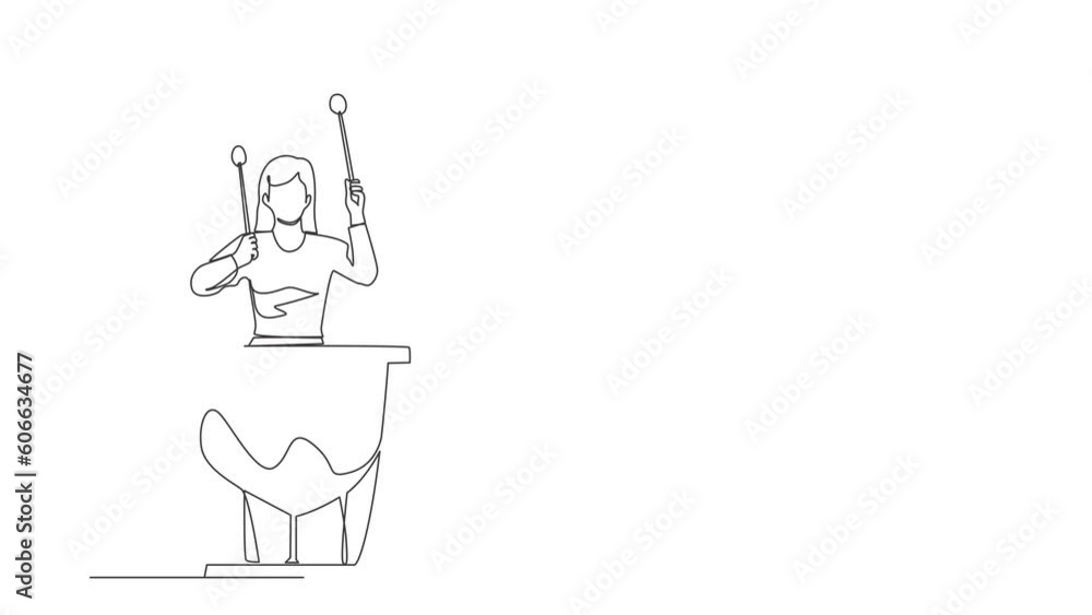 Poster animated self drawing of continuous line draw percussion player play on timpani. performer holding s