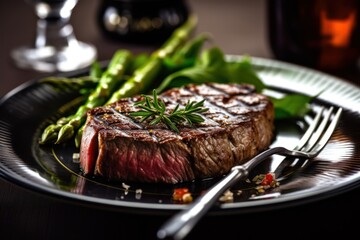 wagyu beef steak in plate fork spoon knife slice Cinematic Editorial Food Photography - obrazy, fototapety, plakaty