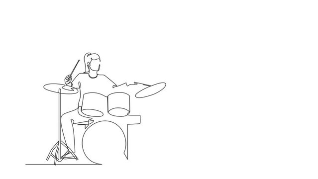 Self drawing animation of single line draw musician, jazz, rock and roll playing drum, percussion. Music festival, pop concert, wedding party performance. Continuous line draw. Full length animated
