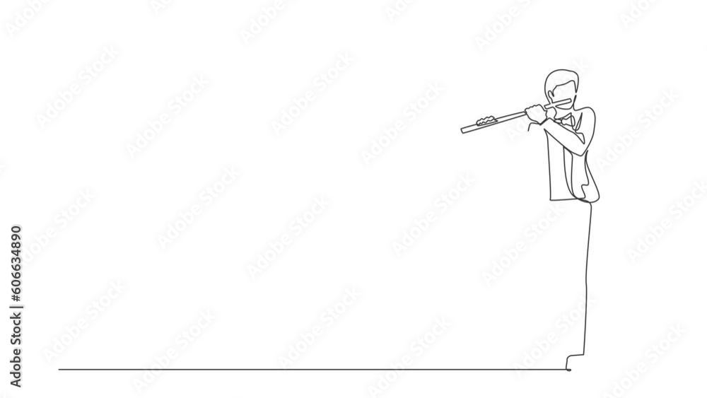 Poster animated self drawing of continuous line draw musician playing flute, standing. flutist performing m