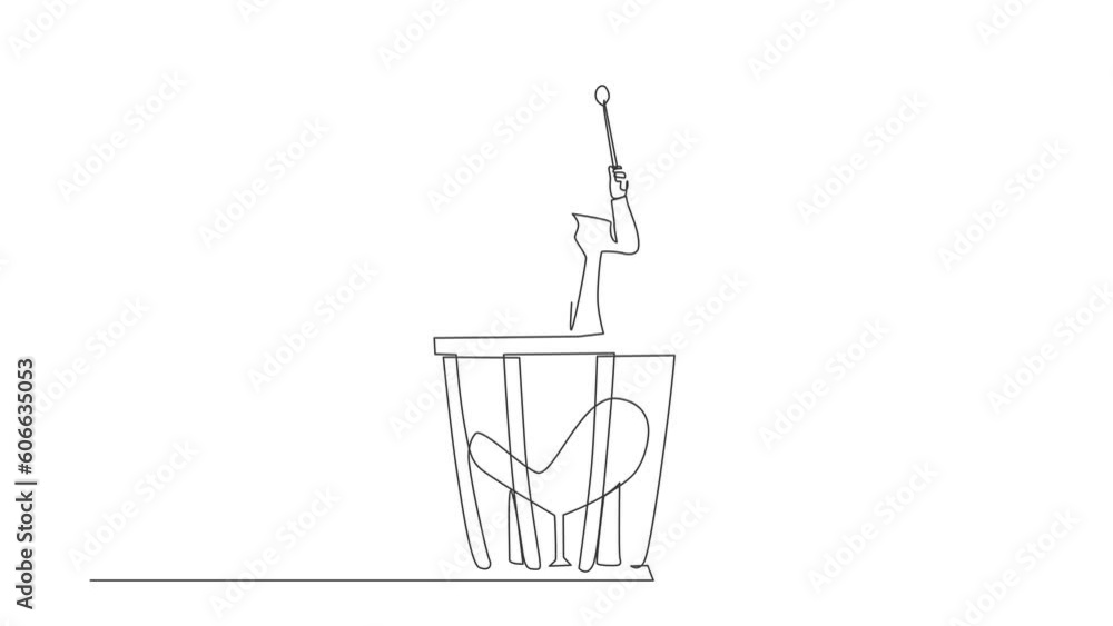 Poster animated self drawing of continuous line draw percussion player play on timpani. man performer holdi