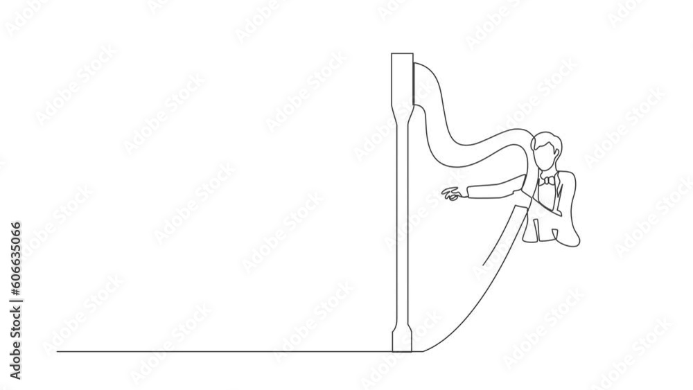Poster self drawing animation of single one line draw man playing harp. classical music performer character