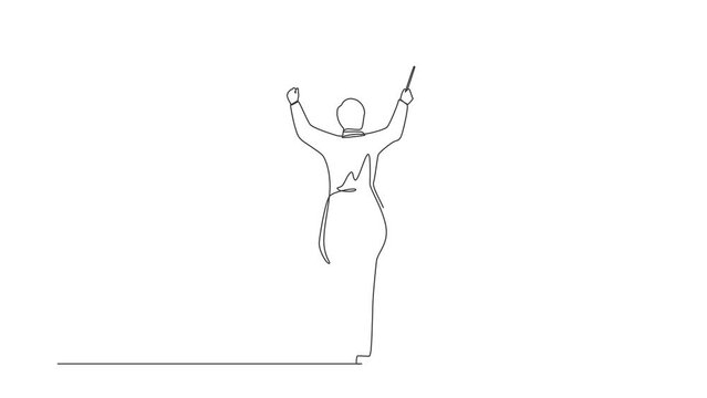Animated self drawing of continuous line draw back view of man conductor performing on stage, male musician in tuxedo directing classic instrumental symphony orchestra. Full length one line animation