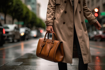a woman walking down the street with her hand in her pocket, holding a brown purse and wearing a trench coat. Generative Ai
