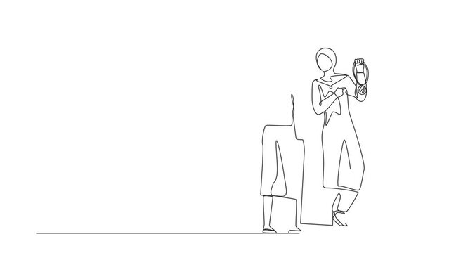 Animated self drawing of continuous line draw Arabian businesswoman looking at mirror seeing in reflection of herself holding medal, overestimate herself, confidence. Full length single line animation