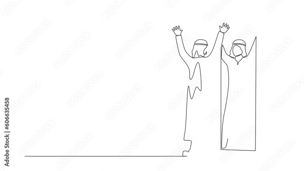 Poster animated self drawing of continuous line draw arab businessman look in mirror with raised hands. ref