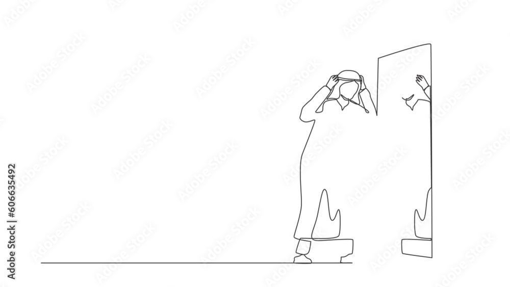 Poster animated self drawing of continuous line draw frustrated arab businessman see himself failure in mir