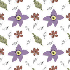 Seamless vector pattern with cute stylized flowers and leaves on a white background.