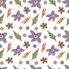 Seamless vector pattern with cute stylized flowers, plants and black outline on a white background.