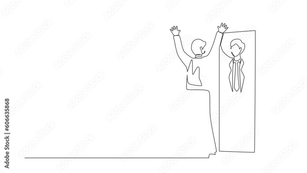 Aufkleber animated self drawing of continuous line draw businessman look in mirror with raised hands. reflecti