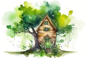 beautiful tree house painted in watercolors Generative AI