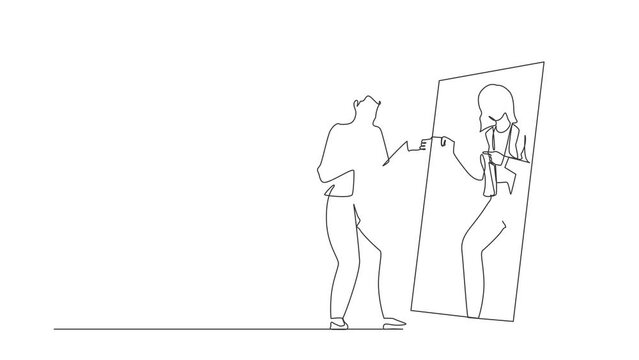 Animated self drawing of continuous line draw businesswoman looks at mirror. Woman self reflection. Narcissism and vanity. Look selfishness, narcissistic, admiring. Full length one line animation