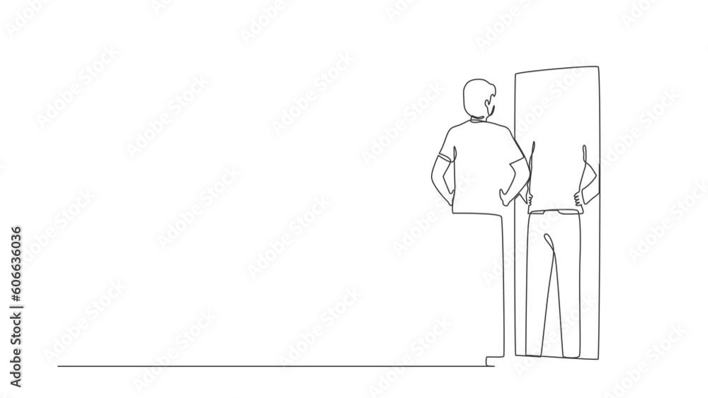 Poster animated self drawing of continuous line draw narcissistic businessman looking at mirror, seeing in 