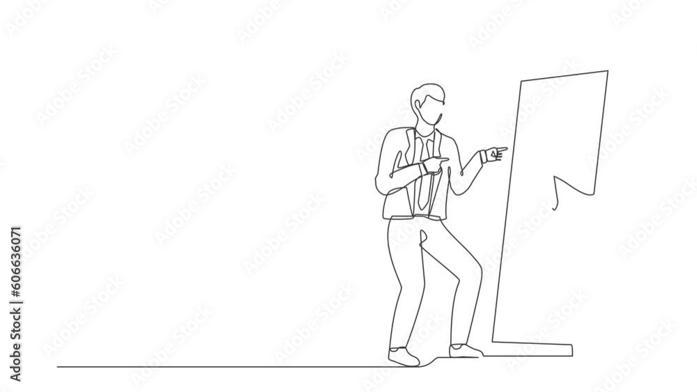 Poster self drawing animation of single one line draw narcissistic businessman looks at mirror. man self re