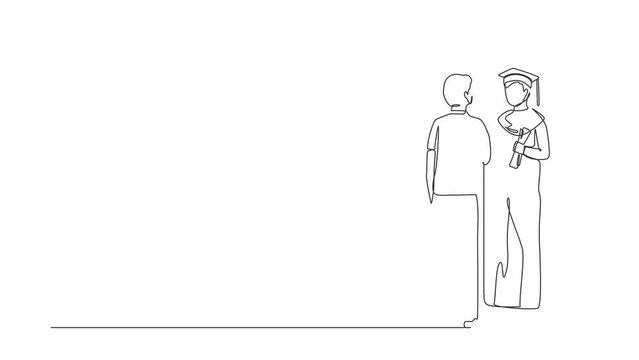 Self drawing animation of single line draw businessman standing in front of mirror looking reflection, imagine himself graduation student. Future in mirror. Continuous line draw. Full length animated