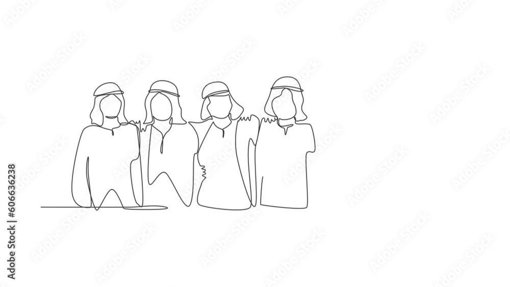 Poster self drawing animation of single line draw group of arabian men are hugging. together. happy friends