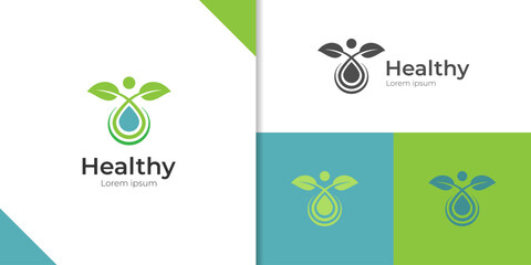 healthy life logo icon design with people, water drop and leaf graphic element for Sport, fitness, medical or health care center logo