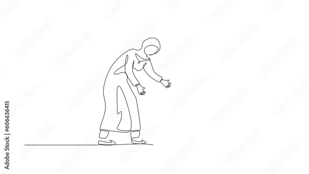 Poster animated self drawing of continuous line draw arab mom and daughter running to each other with open 