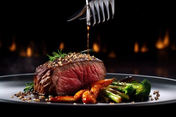 wagyu beef steak Roast flying through the air Cinematic Editorial Food Photography - obrazy, fototapety, plakaty