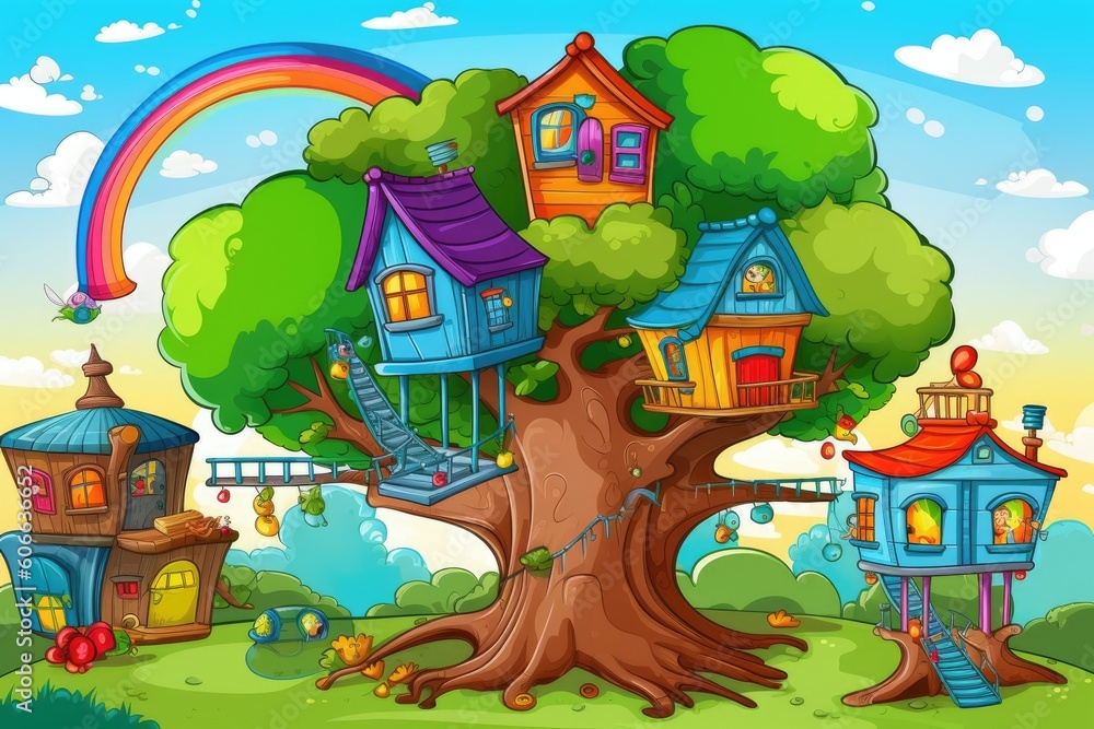 Poster tree house with a colorful rainbow in the background generative ai