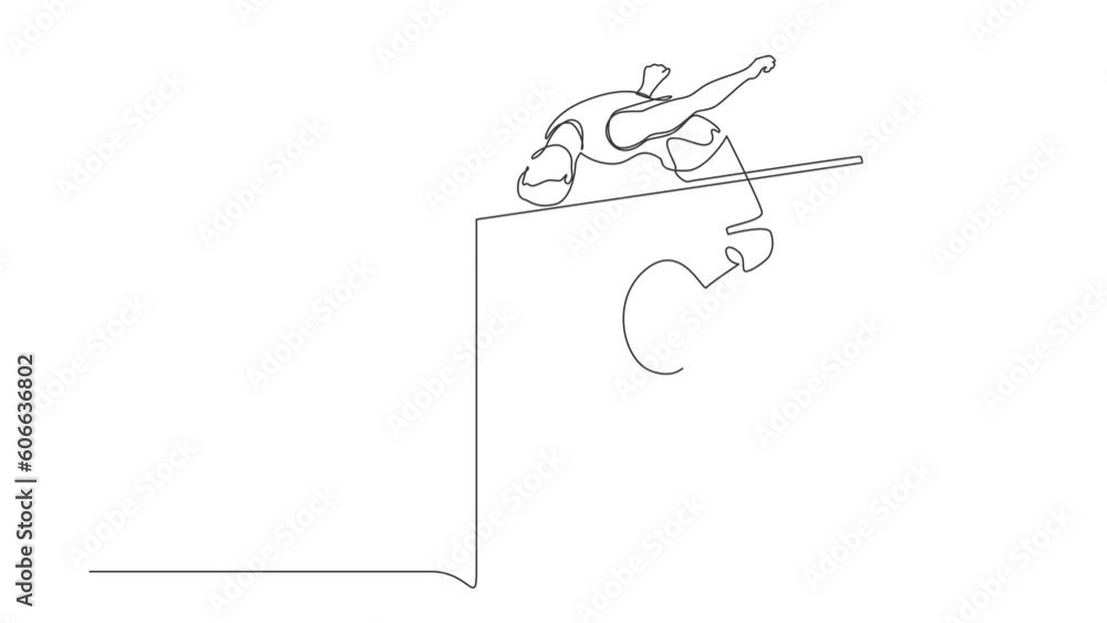 Poster animated self drawing of continuous line draw disabled man doing exercise, become champion high jump