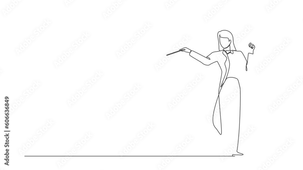 Poster animated self drawing of continuous line draw music orchestra conductor. musician in tuxedo suit wit