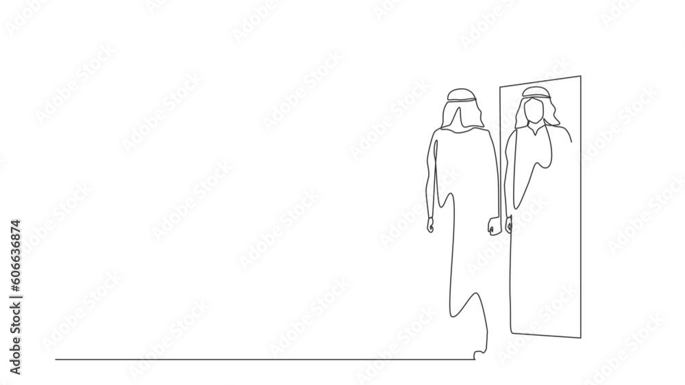 Aufkleber self drawing animation of single one line draw arab businessman looks himself in mirror. manager loo