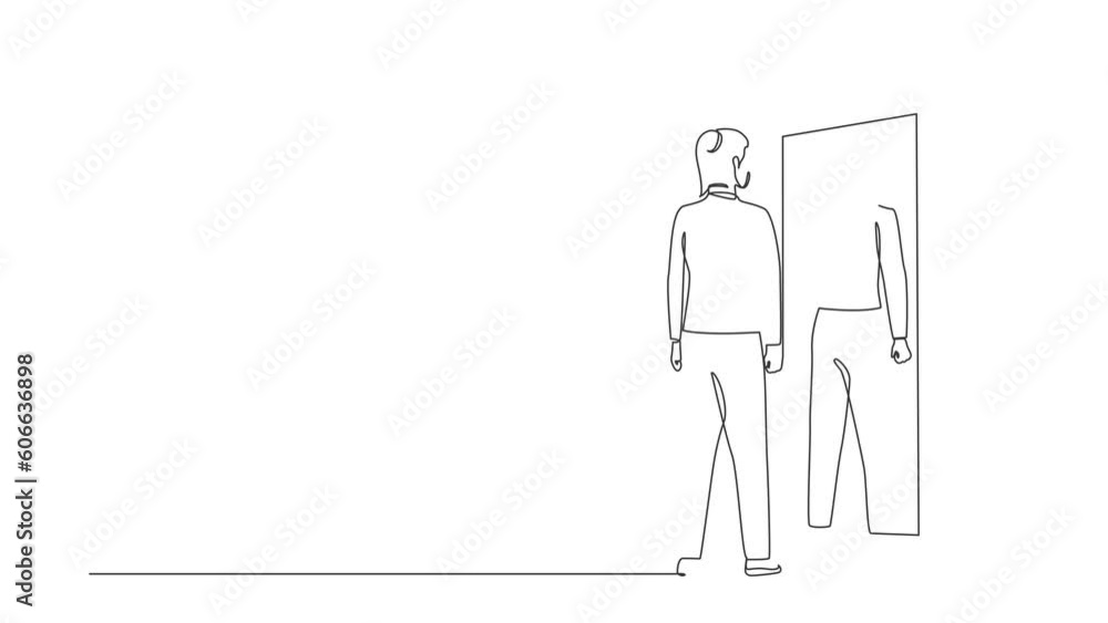 Poster animated self drawing of continuous line draw businesswoman looks herself in the mirror. clerk or ma