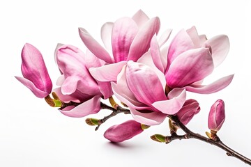Obraz na płótnie Canvas Pink spring magnolia flowers branch isolated on white - Generative Ai