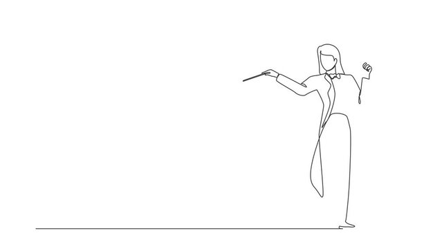 Animated self drawing of continuous line draw music orchestra conductor. Musician in tuxedo suit with arm gestures. Expressive directs orchestra during performance. Full length single line animation