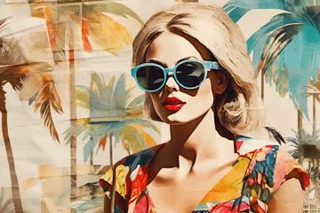 Stylish retro poster with beautiful young lady wearing sunglasses on summer background with newspapers, magazines and palm trees. Fashion pop art woman portrait illustration and collage. Generative AI © Rytis