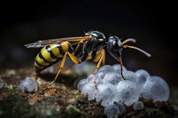 a yellow jacketed wasp on top of some ice crystals in the background is a black and white color scheme. Generative Ai
