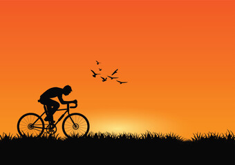 Silhouette of a cyclist at sunset with flying birds. Vector illustration