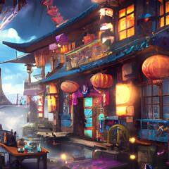 Fototapeta premium Welcome to the Night Cafe, a virtual haven that takes you back to the enchanting world of ancient China