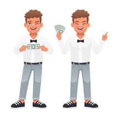 Little businessman. A happy boy holds dollar bills in his hand. A beautiful child in a white shirt with money in his hand