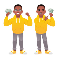 A beautiful child with money in his hand. Happy little businessman. A black African boy holds dollar bills in his hand.