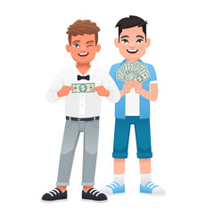 Little businessmen. Beautiful children with money in their hands. Two happy boys are holding dollar bills in their hand.