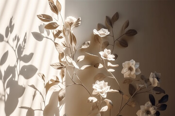 Abstract background of plant branch with white leaves casting hard shadow on beige color painted wall. Generative AI