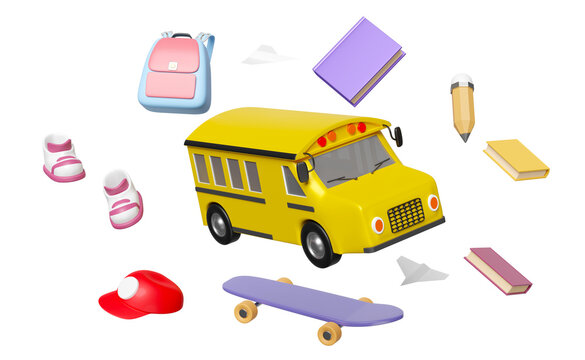 3d vehicle for transport student float isolated. yellow school bus cartoon sign icon, accessories with skateboard, book, bag, pencil, school supplies, hat, back to school 3d render
