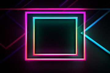 Abstract retro vintage neon glowing light frames on black background with copy space. Generative AI